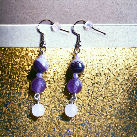 Purple Agate, Amethyst, Selenite and Sterling Silver Beaded Handcrafted Earrings - Picture 4 of 6